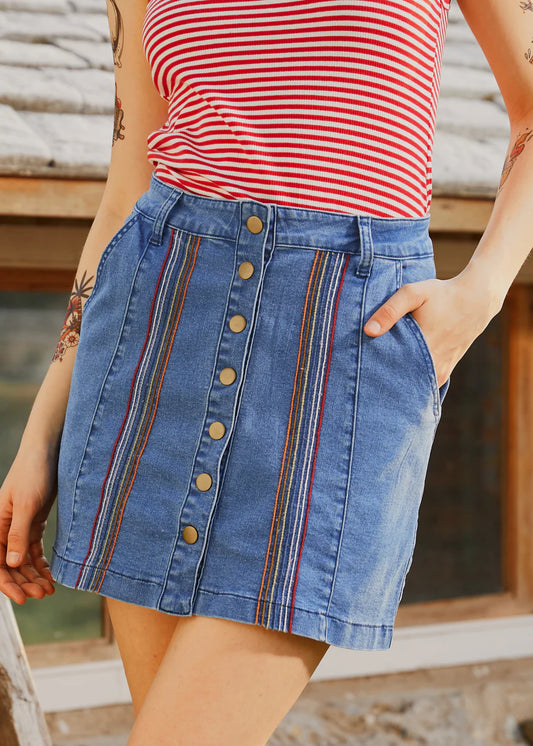 ALBERTO-A Spring Fling Button Down A-Line Jean Skirt